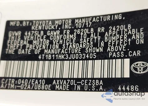 2018 Toyota Camry Se from USA, damaged, VIN 4T1B11HK3JU033405